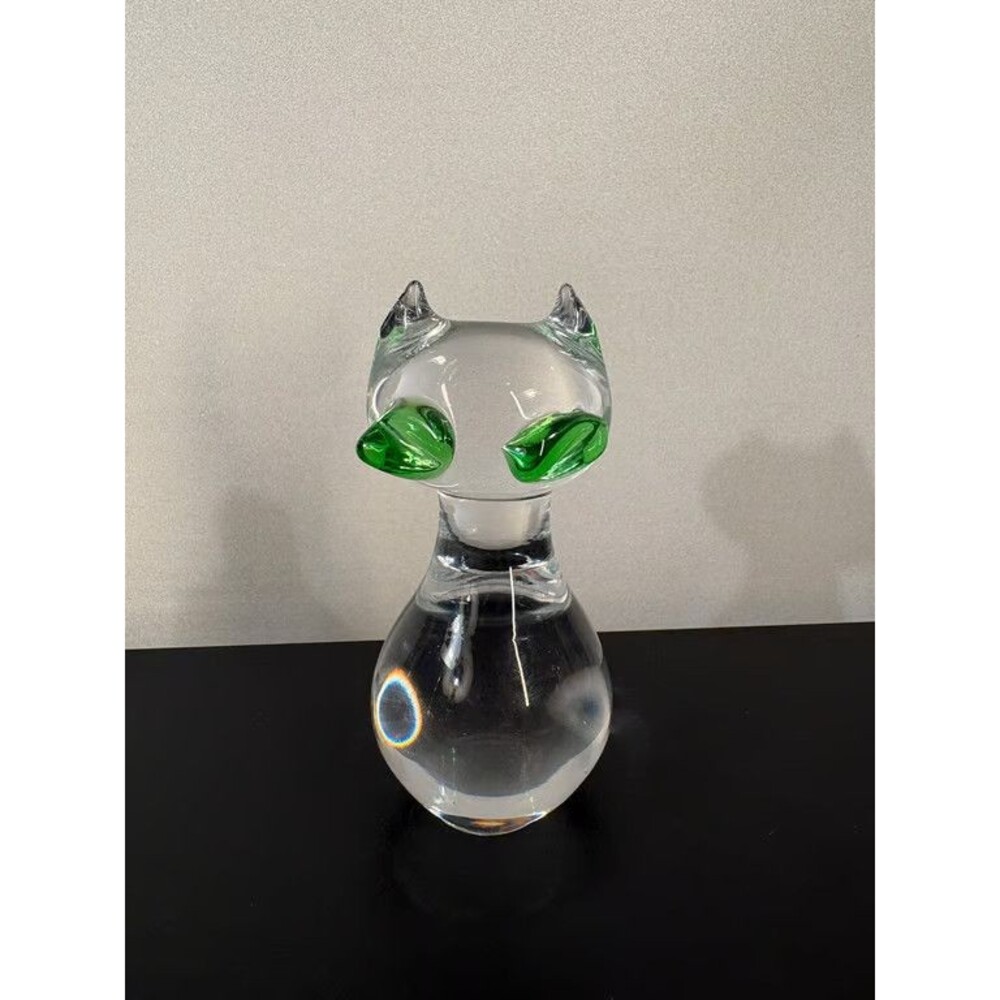 Art Glass Cat Figurine Green Eyes Clear Hand Blown Sculpture Pointed Ears